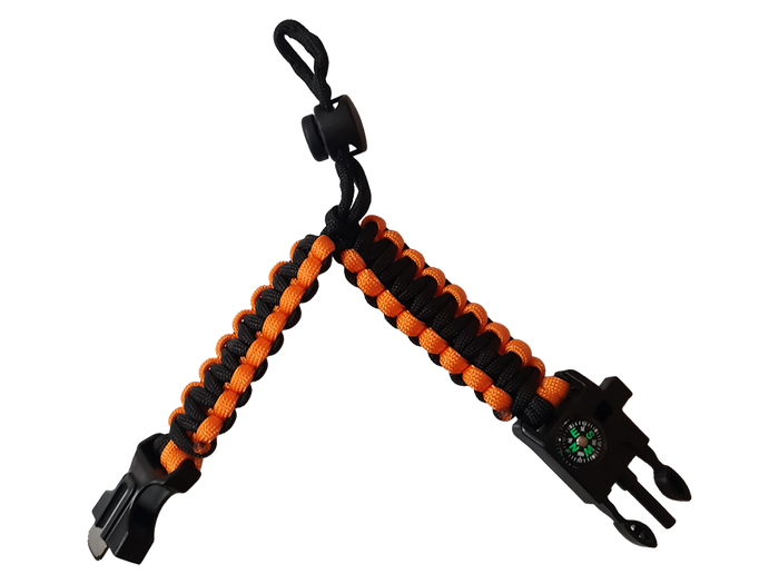 Paracord Basic Survival Bracelet (Black and Orange Mix) - Compass - Whistle - Fire starter - Image 2