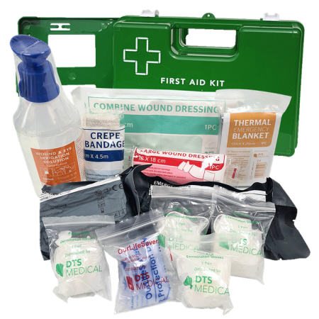 Stand alone trauma First Aid Kit In X Large Green Plastic Wall Mount Box, clip on and off mechanism, see contents list picture for reference only