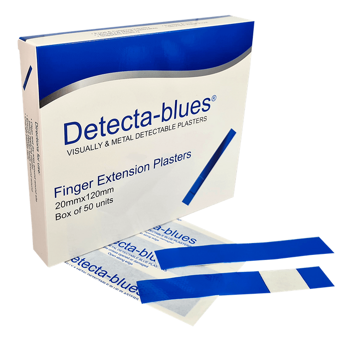 Detecta-Blue, Visual And Metal Detectable Plasters Blue Plasters Finger extension Shape Box 50