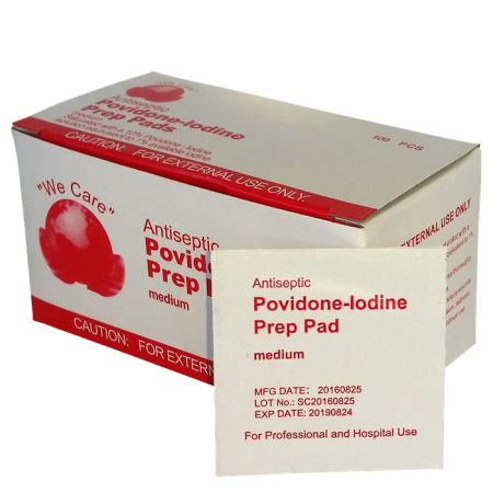 Povidone Iodine Prep Pad Wipes box of 100 Individually Sealed