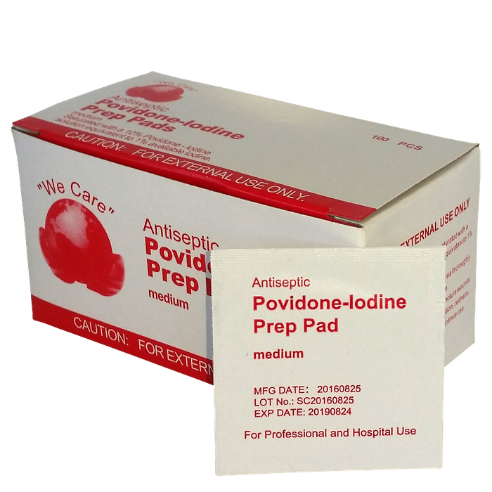 Povidone Iodine Prep Pad Wipes box of 100 Individually Sealed