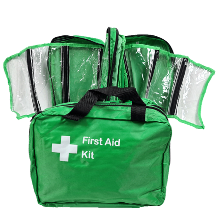 First Aid Bag Soft Pack, Green, 2 X Large sewn together, 6 Clear Fold Out Sleeves & Handles
