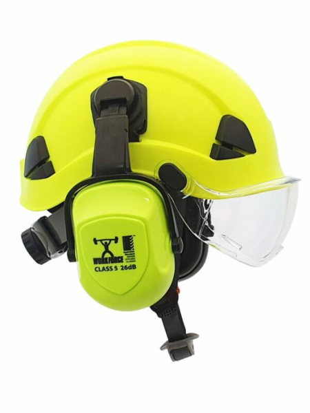 Peak less Hard Hat with triangle style neck strap and ratchet adjusting head gear Fluro Hi Viz Yellow Lime - Picture features earmuffs and clear eye protection visor (SUPPLIED SEPERATLY) Earmuff Code EM004 Charcoal Grey Visor with Visor attachments Code